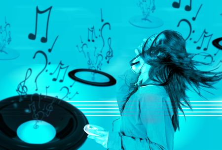 girl listening to music over a cyan musical background
