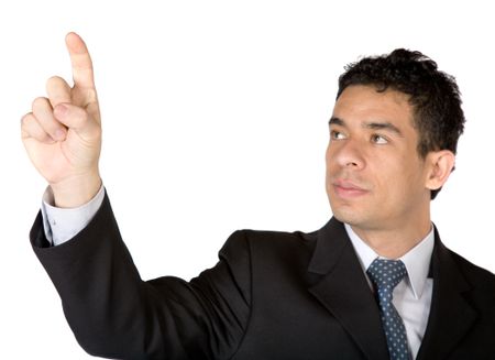 business man pointing at screen over a white background