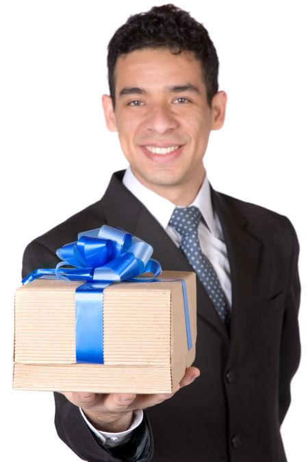 business man offering a gift over a white background