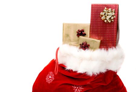 sack full of gifts over a white background