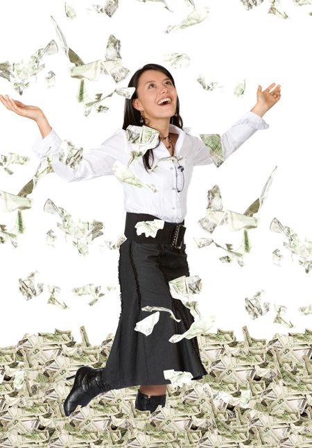 business woman with lots of money looking very happy over white