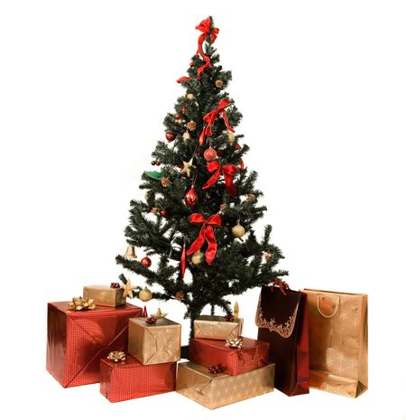 christmas tree and gifts over a white background