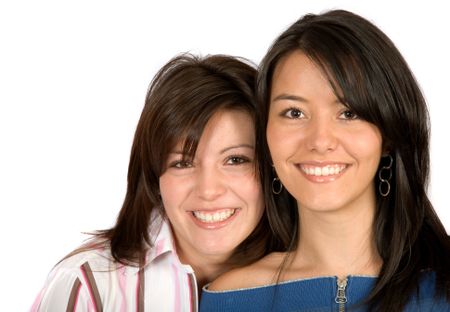 beautiful sisters smiling - dark long hair - brown and white skin - over a white background