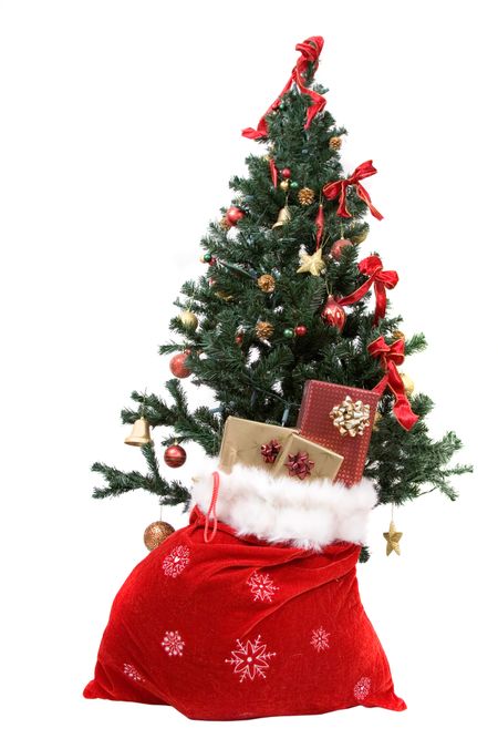 christmas tree with gifts on sack over a white background