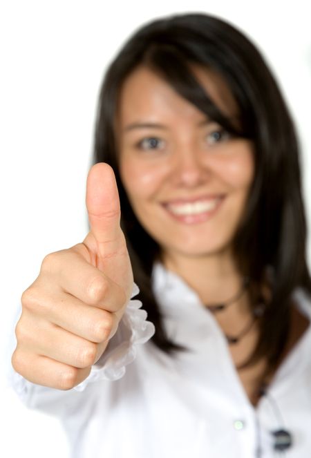 business woman with thumbs up over a white background