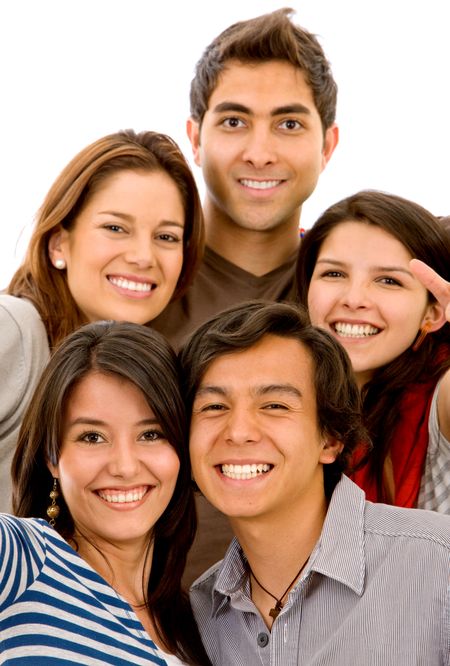 casual group of happy young people smiling isolated over a white background