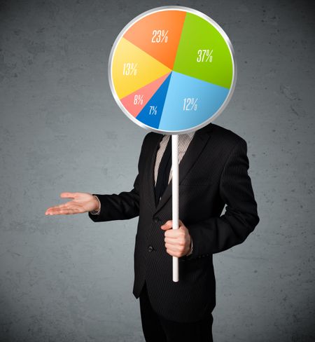 Businessman holding a colorful pie chart in front of his head