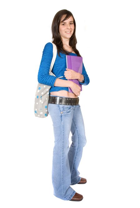 female student carrying her books and bag over white
