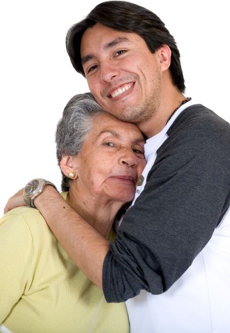 grandmother with grandson smiling over white