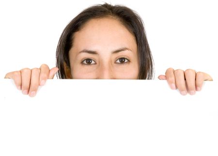 young girl peeping over a white banner over a whte background