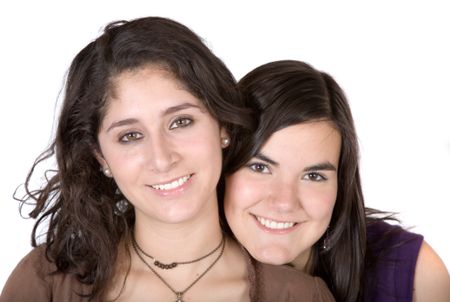 girl friends smiling over a white background