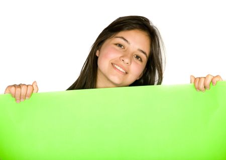 girl with green banner over white