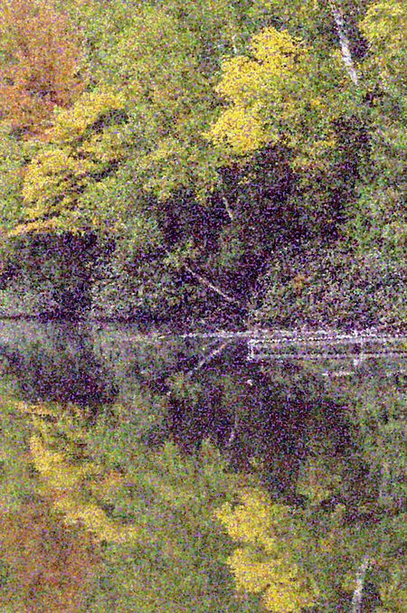 Pointillist illustration of lake reflection with dock in autumn, northern Michigan