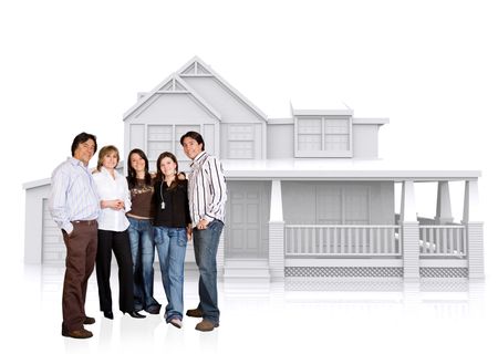 happy family home illustration on a white background with reflections on the floor