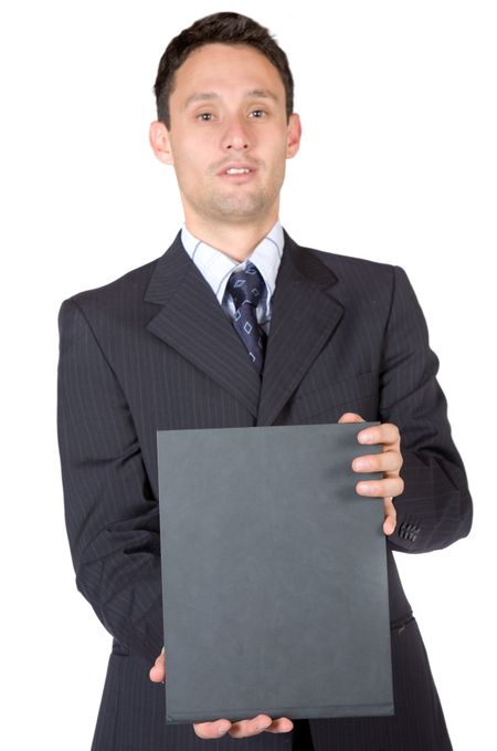 business man holding a book over a white background