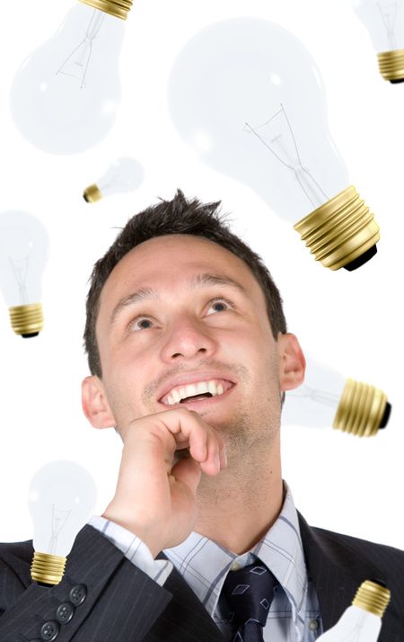 creative business man smiling with lots of ideas on his head - over a white background