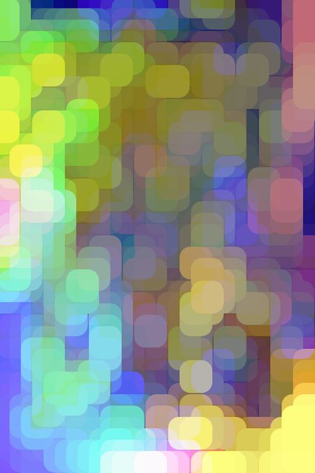 Nightmare of an ophthalmologist: Multicolored abstract of polygons with rounded corners overlapping for a partial three-dimension effect, like so many city lights out of focus toward sunset