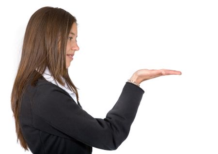 business woman with her hand extended to holding something