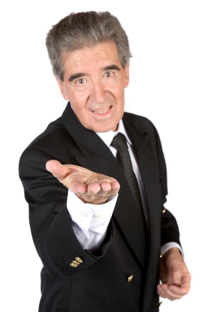 business senior with hand in front over a white background