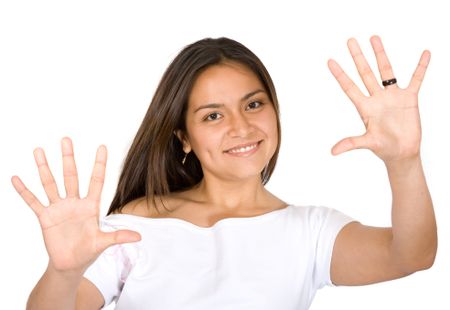 fun girl showing her hands over a white background