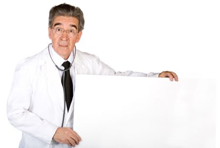 male doctor holding a white banner over a white background