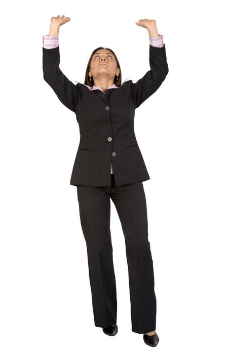 business woman lifting something up - full body over white