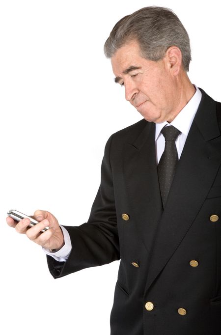 business man sending an sms over a white background