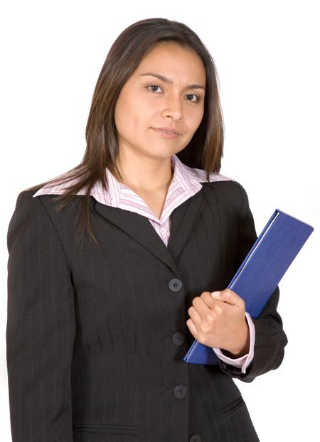 business woman with folder over a white background