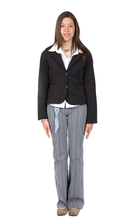 business woman standing still over a white background