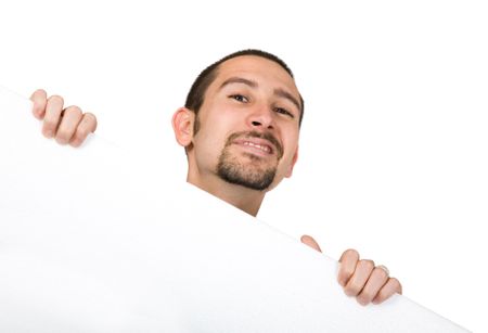 business man peeping over white banner with a funny face