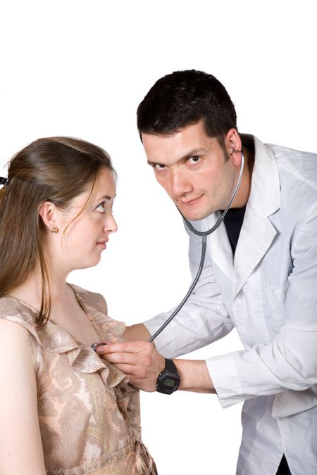 doctor examining a patient over a white background