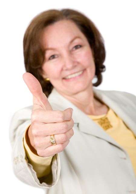 good job - business woman thumbs up over a white background