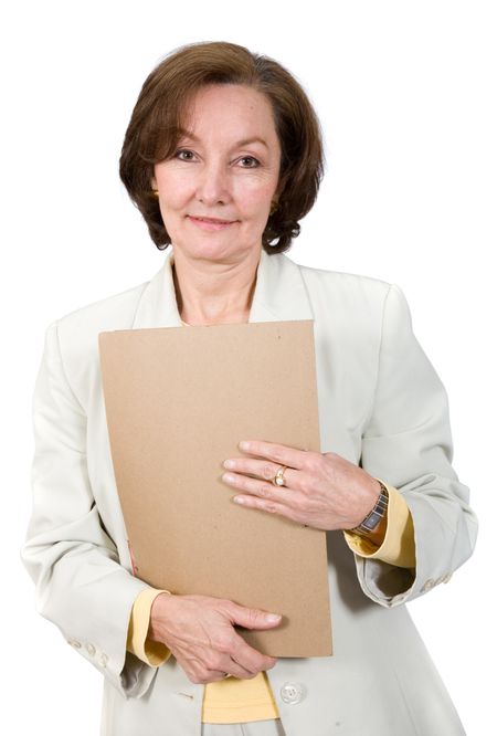 business woman with folder over a white background