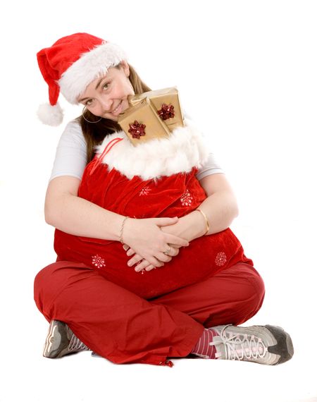 female santa claus full of gifts in a sack over a white background