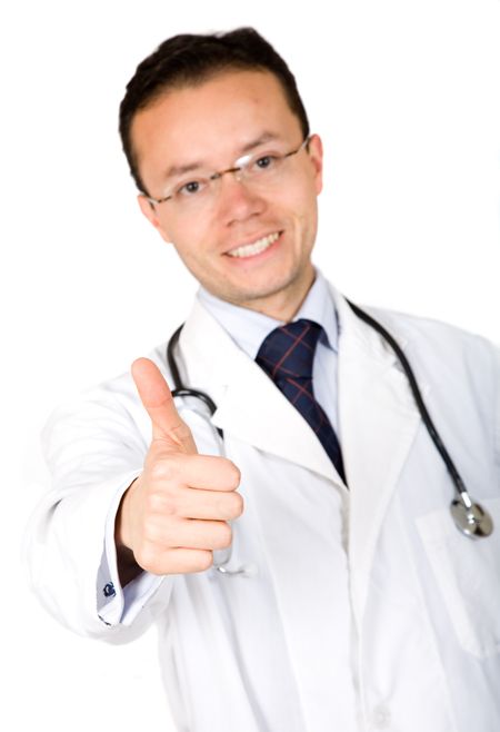 male doctor over a white background with a stethoscope - focus is on hand