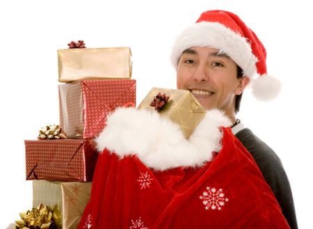 santa claus full of gifts over a white background