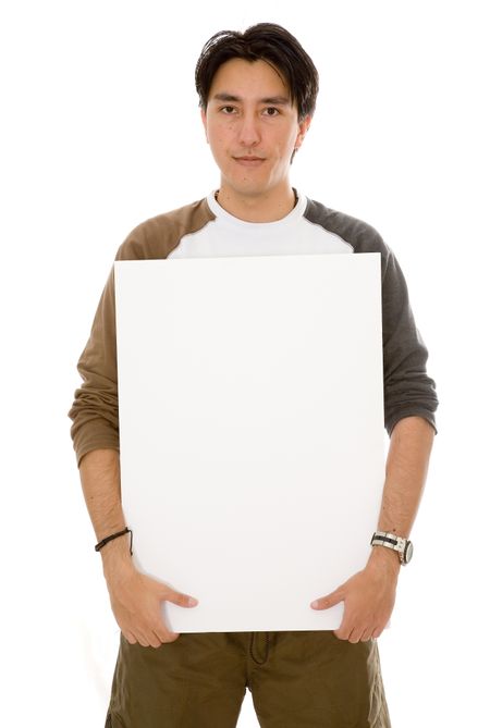 casual man holding a white board over white