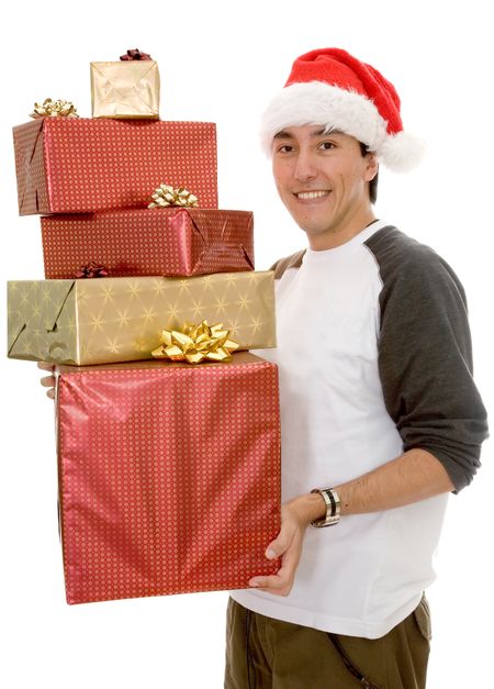 casual santa claus with gifts over white
