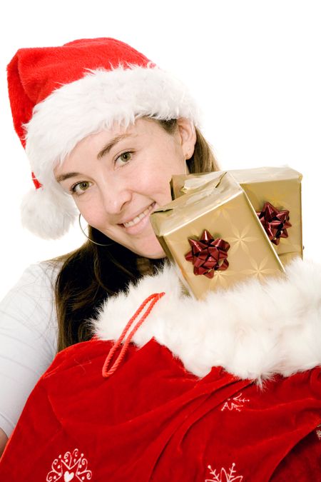 female santa claus with gifts in her sack over a white background