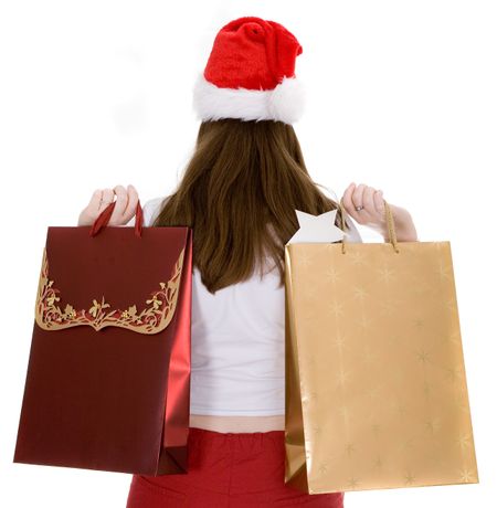 santa with shopping bags from the back over a white background