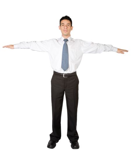 business man standing with arms open over a white background