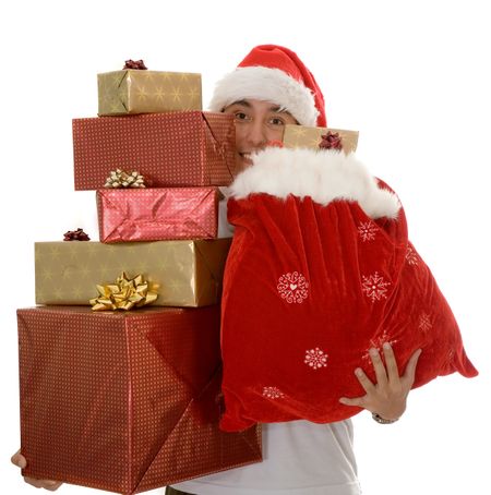 christmas gifts by santa ove a white background