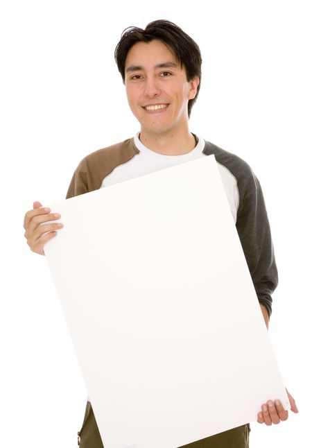 casual friendly man holding a white board over a white background