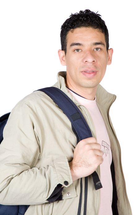 casual student in brown clothes over a white background