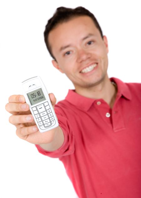man with mobile phone in his hand looking very happy - focus is on mobile phone