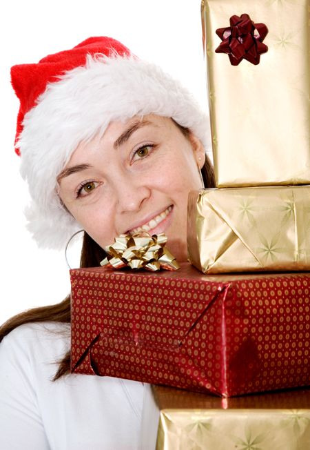 beautiful santa with gifts over white