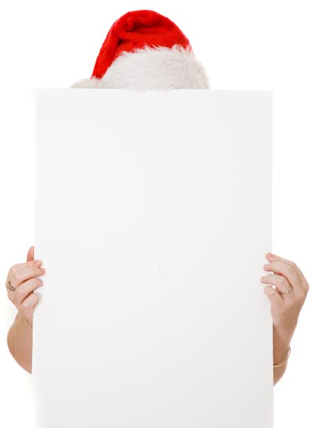 banner held by hands with santa hat on top over a white background
