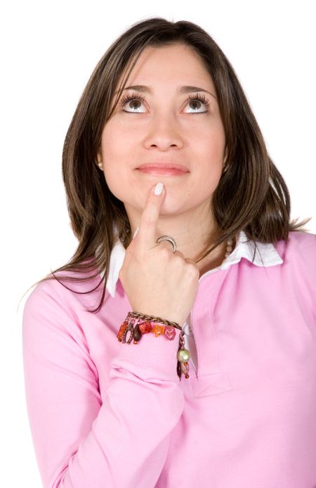 casual pensive woman over a white background