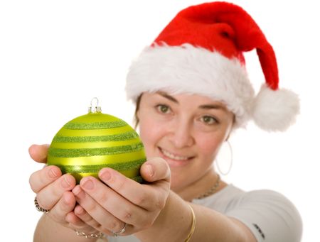 beautiful santa holding a christmas bauble over white