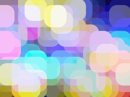 Multicolored abstract of city lights, with many rounded squares (mostly pastel) overlapping for an intriguing three-dimensional soft-focus effect